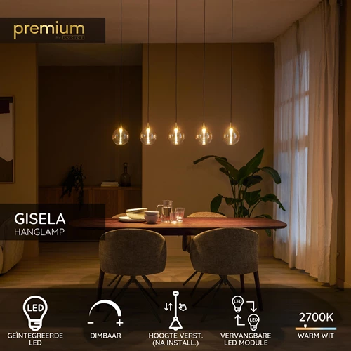 Lucide GISELA - Hanglamp - LED Dimb. - 5x4W 2700K - Met vervangbare LED-module - Amber - Premium - USP